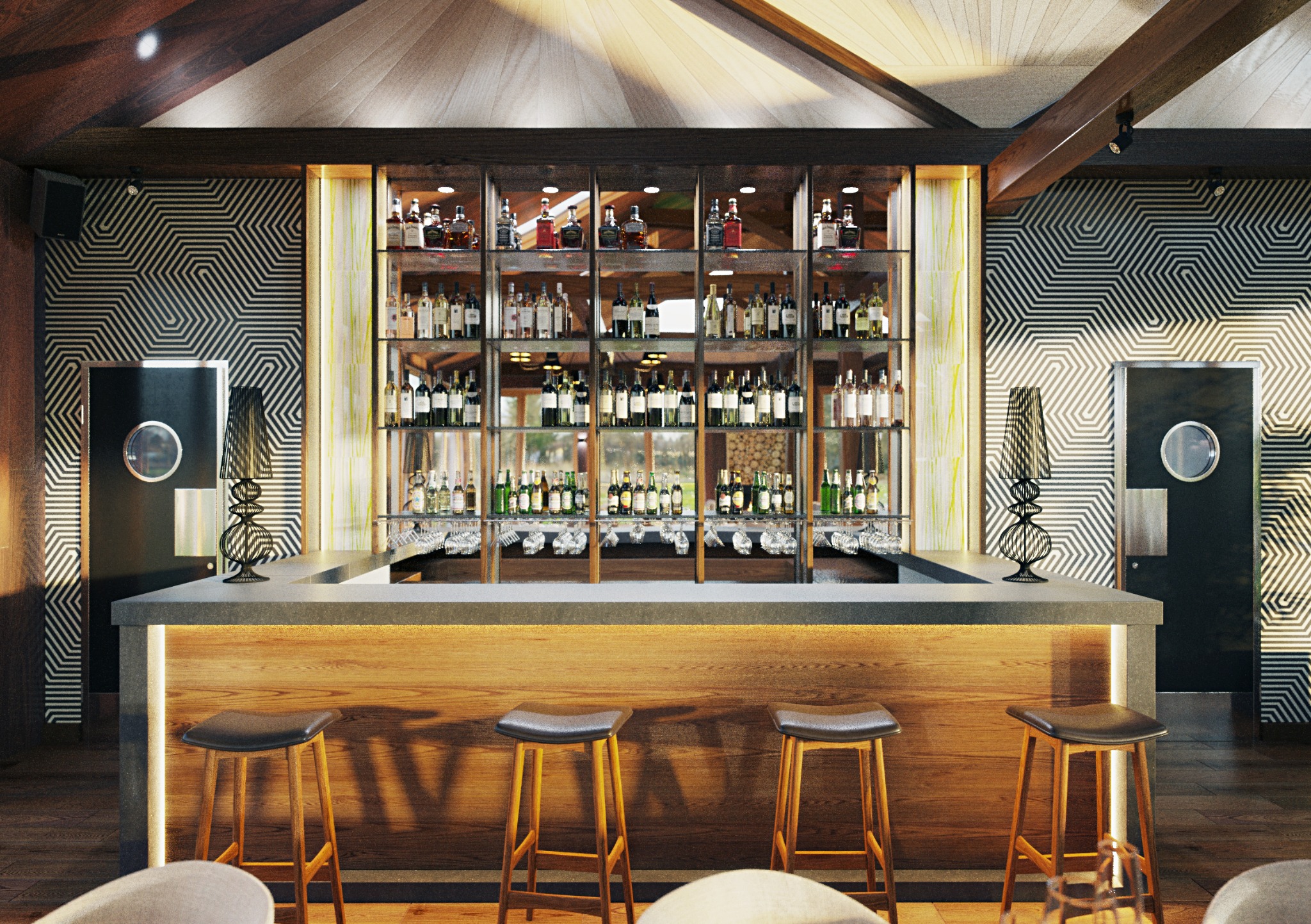 Nowoczesna restauracja: drewniany bar z podświetleniem, wysokie krzesła barowe, ściana z geometrycznym wzorem, regał z alkoholem pod sufitem, lampy dekoracyjne.