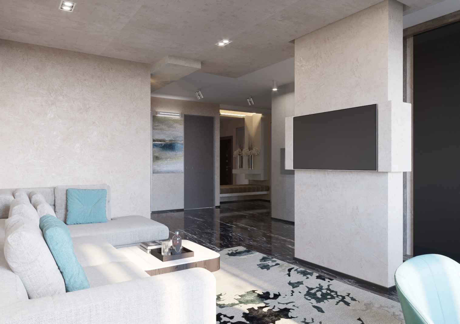 Nowoczesny salon w penthouse z marmurową podłogą, jasną sofą z turkusowymi poduszkami, telewizorem na ścianie i wzorzystym dywanem.