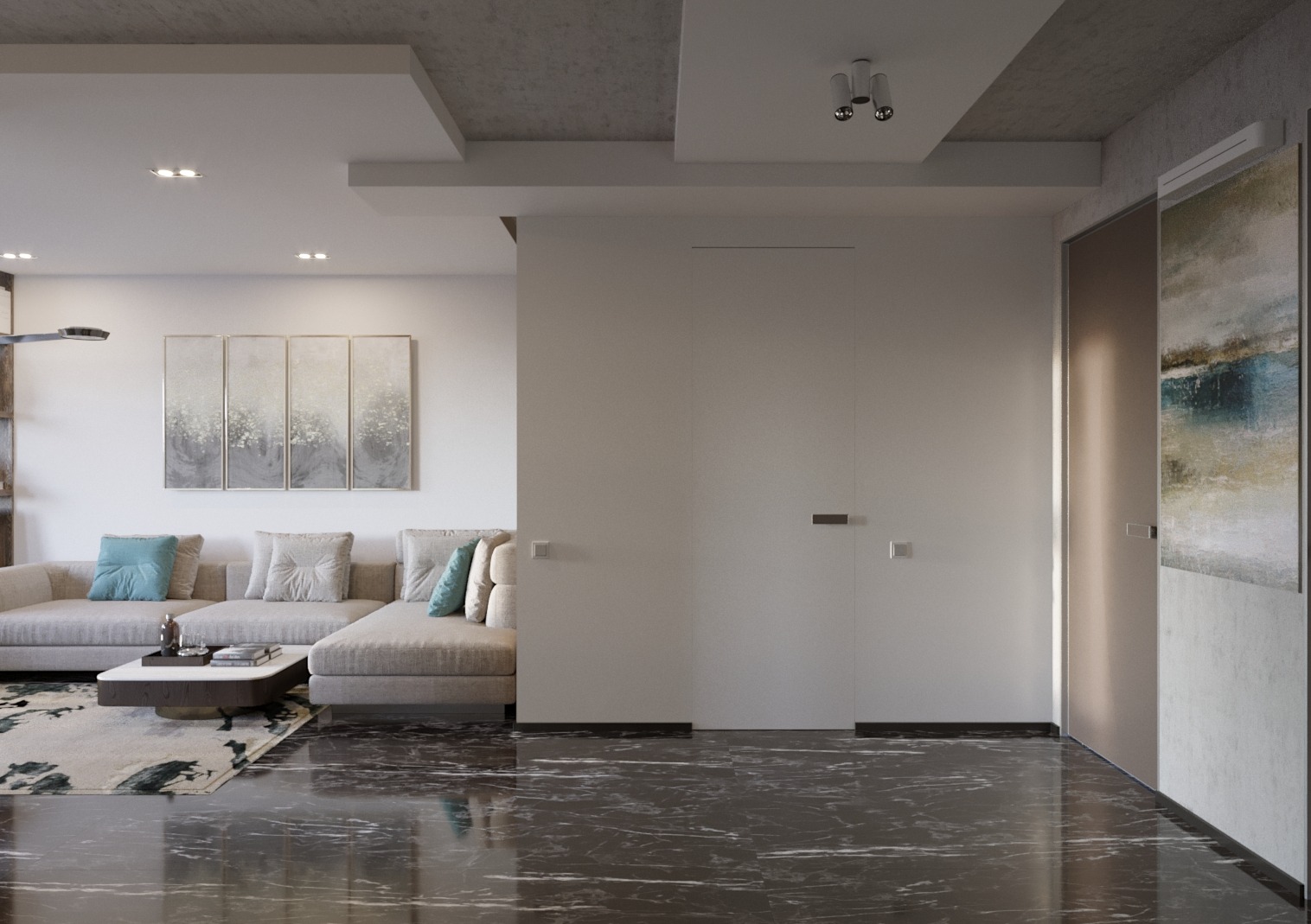 Nowoczesny salon z narożną sofą w odcieniach beżu, turkusowymi poduszkami i stolikiem kawowym na tle marmurowej podłogi. Na ścianie wiszą cztery obrazy w szarych tonacjach. Ukryte drzwi bez klamek...