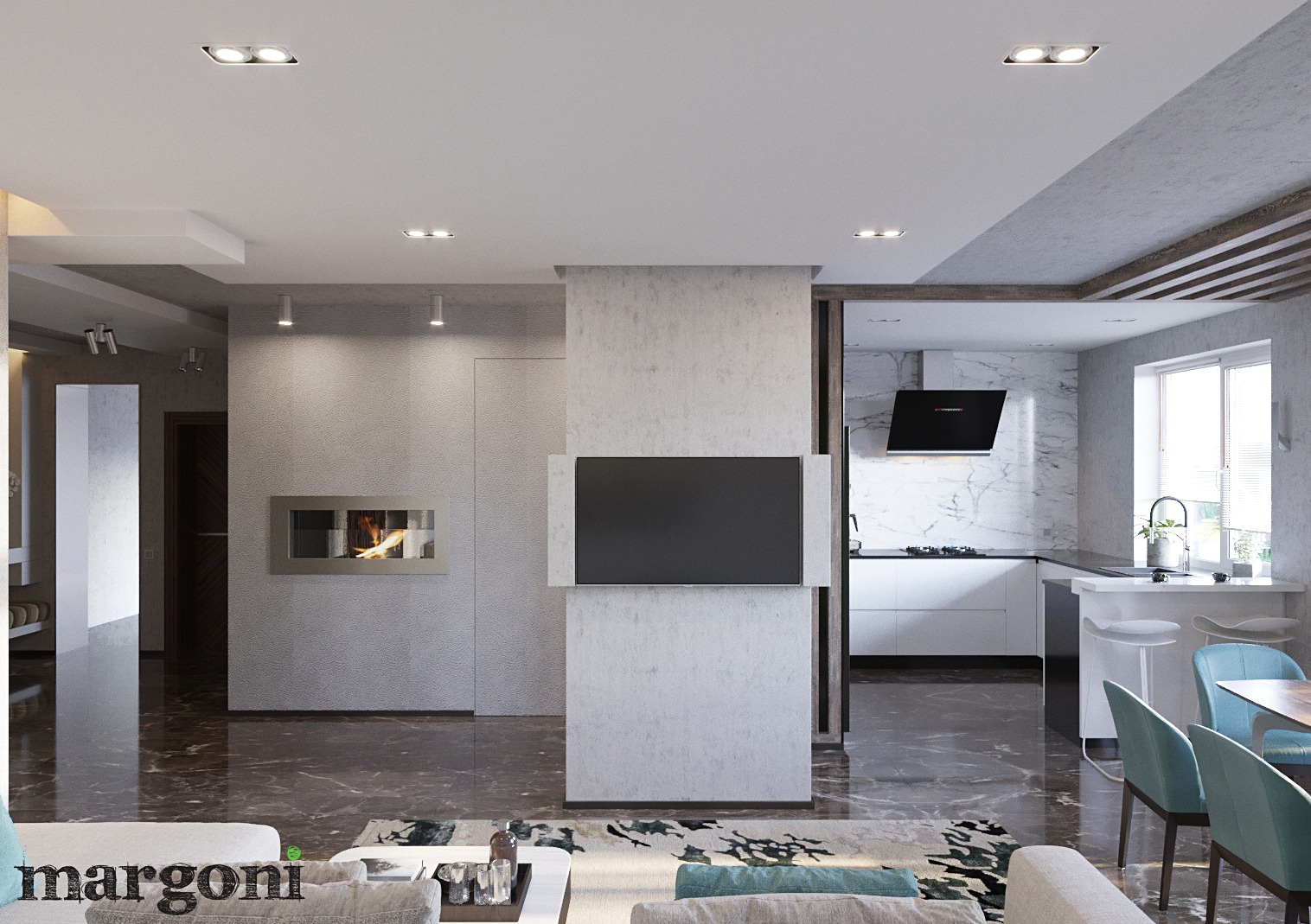 Nowoczesny penthouse w Poznaniu o powierzchni 180 m2 z geometryczną przestrzenią, prezentujący salon z kominkiem i telewizorem na tle otwartej kuchni z marmurowymi ścianami.