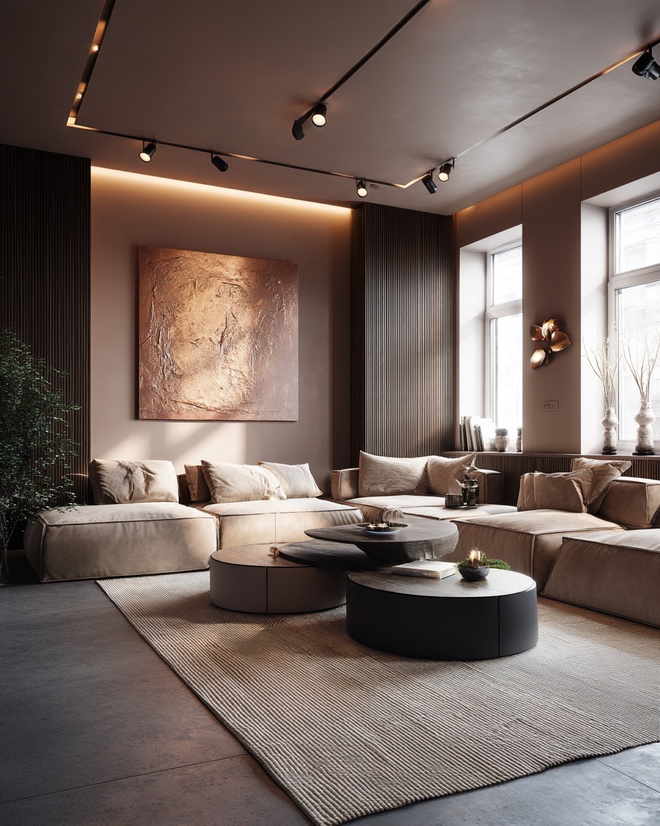 Elegancki salon z modułową sofą w beżowych odcieniach, okrągłymi stolikami kawowymi i abstrakcyjnym obrazem na ścianie. Oświetlenie punktowe podkreśla wystrój.