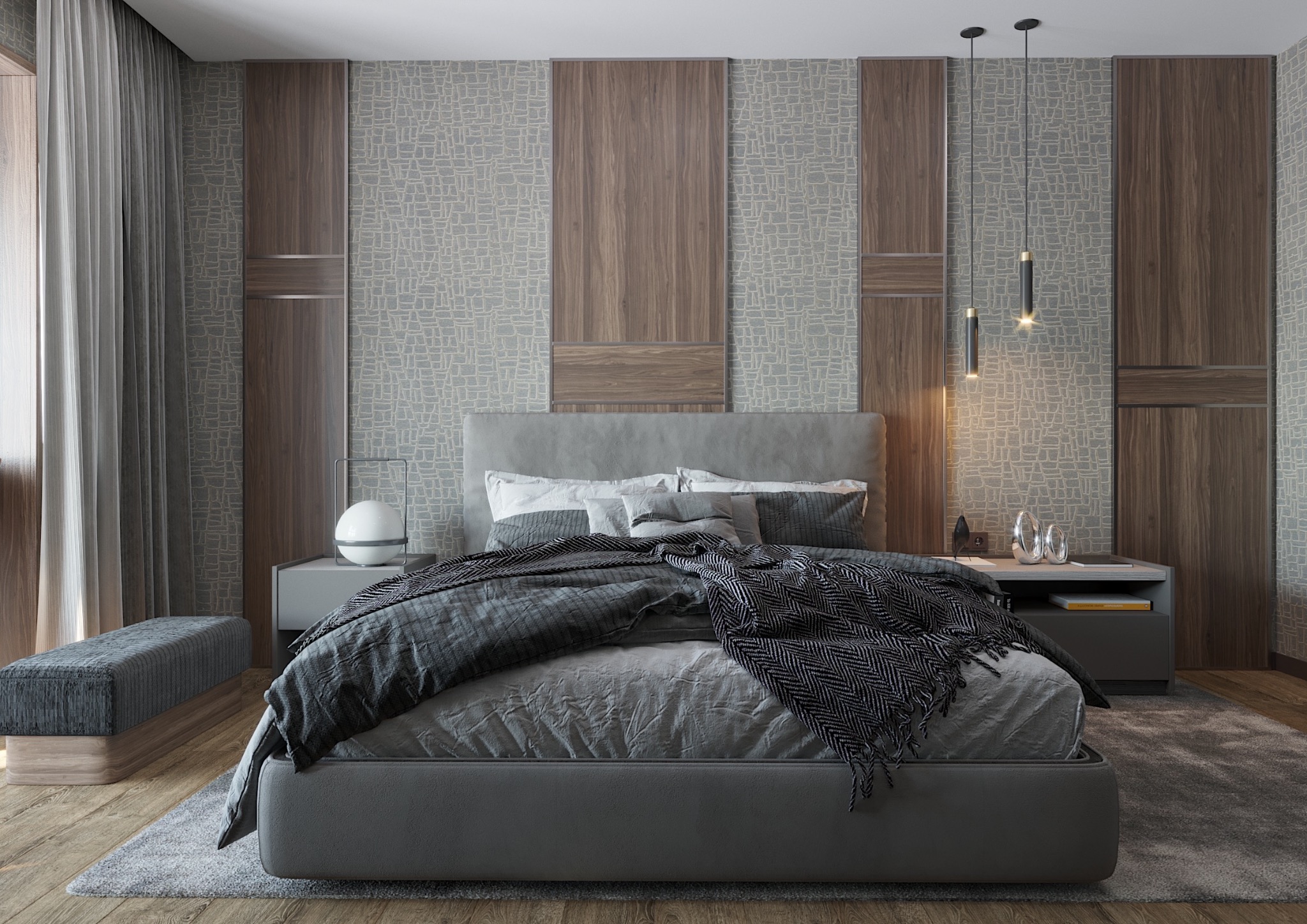 Nowoczesna sypialnia w odcieniach szarości i brązu, z tapetą o geometrycznym wzorze i drewnianymi panelami. Minimalistyczne lampy wiszące i tekstylia tworzą przytulny klimat.
