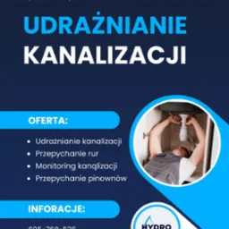 Plakat reklamowy firmy hydraulicznej Hydro-Clinique oferującej udrażnianie kanalizacji, przepychanie rur, monitoring kanalizacji i przepychanie pionów. W okręgu widoczny hydraulik pracujący...