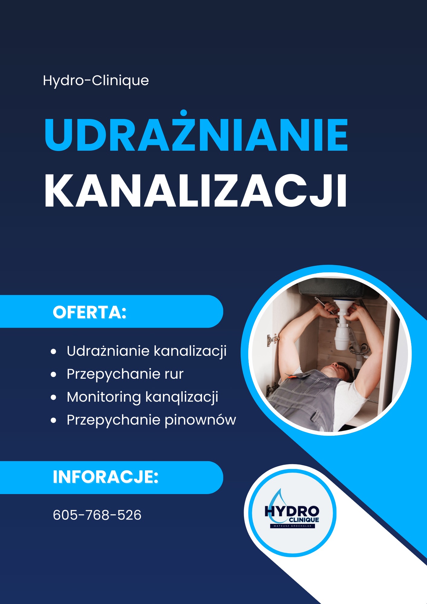 Plakat reklamowy firmy hydraulicznej Hydro-Clinique oferującej udrażnianie kanalizacji, przepychanie rur, monitoring kanalizacji i przepychanie pionów. W okręgu widoczny hydraulik pracujący...