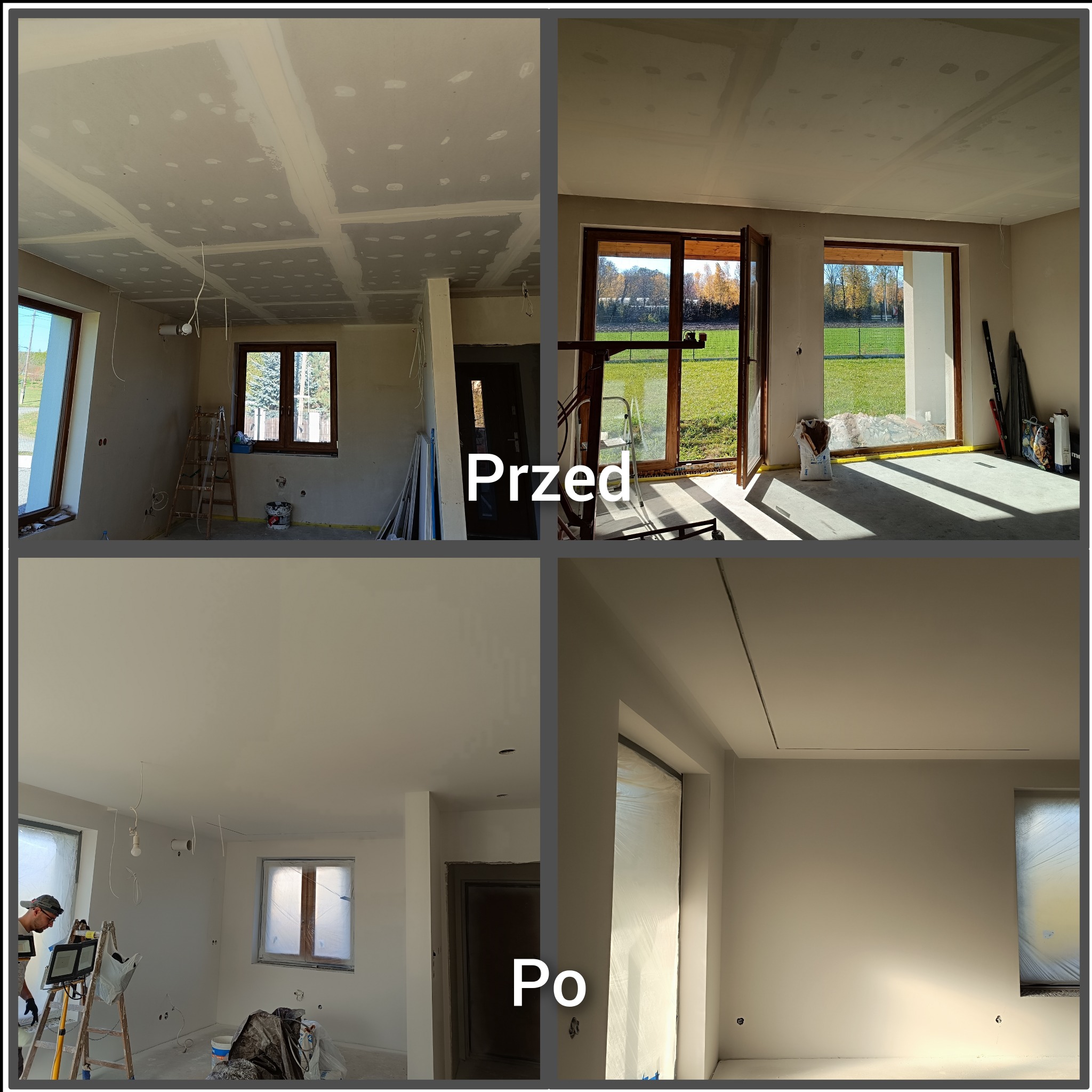 Kolaż przedstawiający pokój przed i po remoncie: gładzie położone na suficie z widocznymi łączeniami płyt karton-gips, a następnie pomalowany na jasny kolor. Okna zabezpieczone folią malarską.