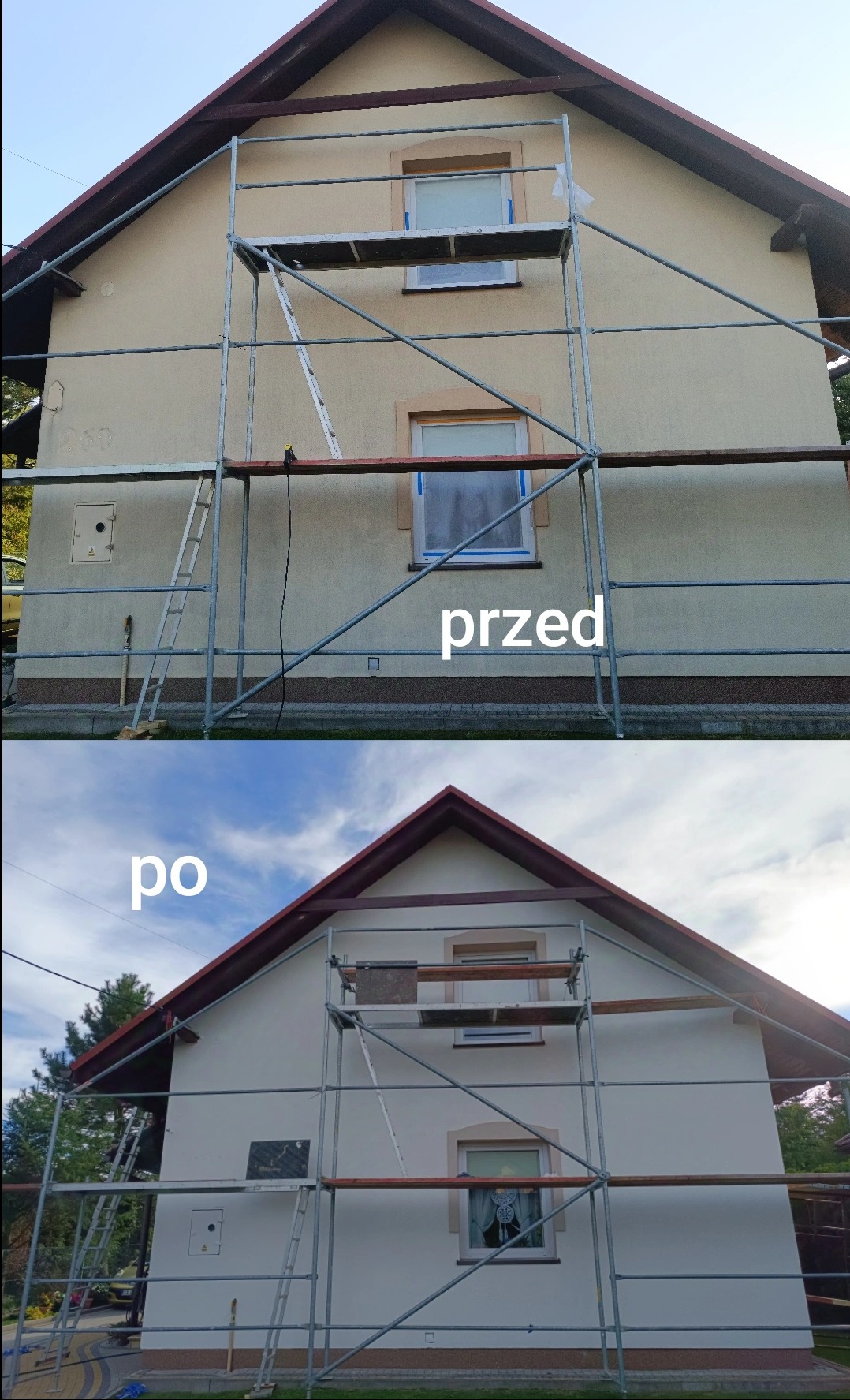 Dom jednorodzinny przed i po malowaniu elewacji, widoczne rusztowanie, okna zabezpieczone folią, zmiana koloru z beżowego na biały.