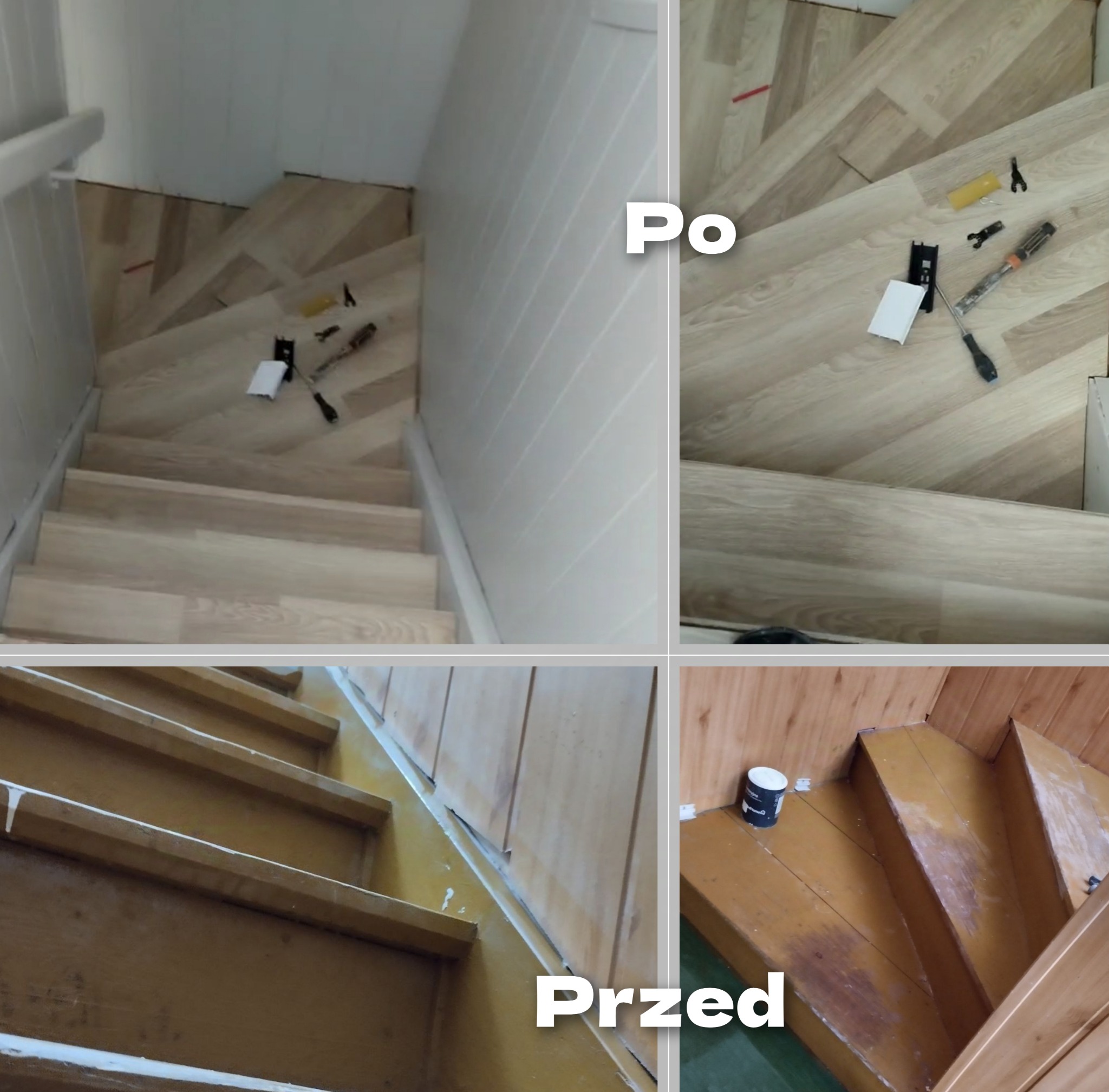 Porównanie 'przed' i 'po' ułożenia paneli na schodach; widoczne narzędzia i fragmenty paneli podczas montażu.