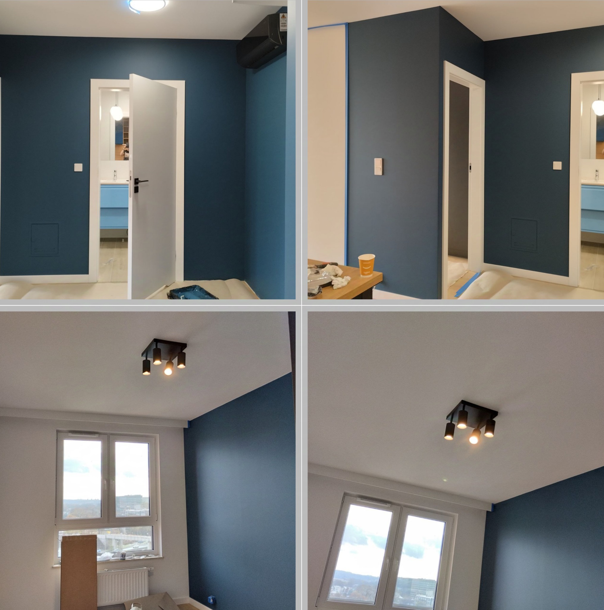 Kompozycja czterech ujęć wnętrza w trakcie prac wykończeniowych: pomalowane na granatowo ściany, zabezpieczone folią podłogi, widoczna taśma malarska i akcesoria malarskie na stoliku, oraz widok...