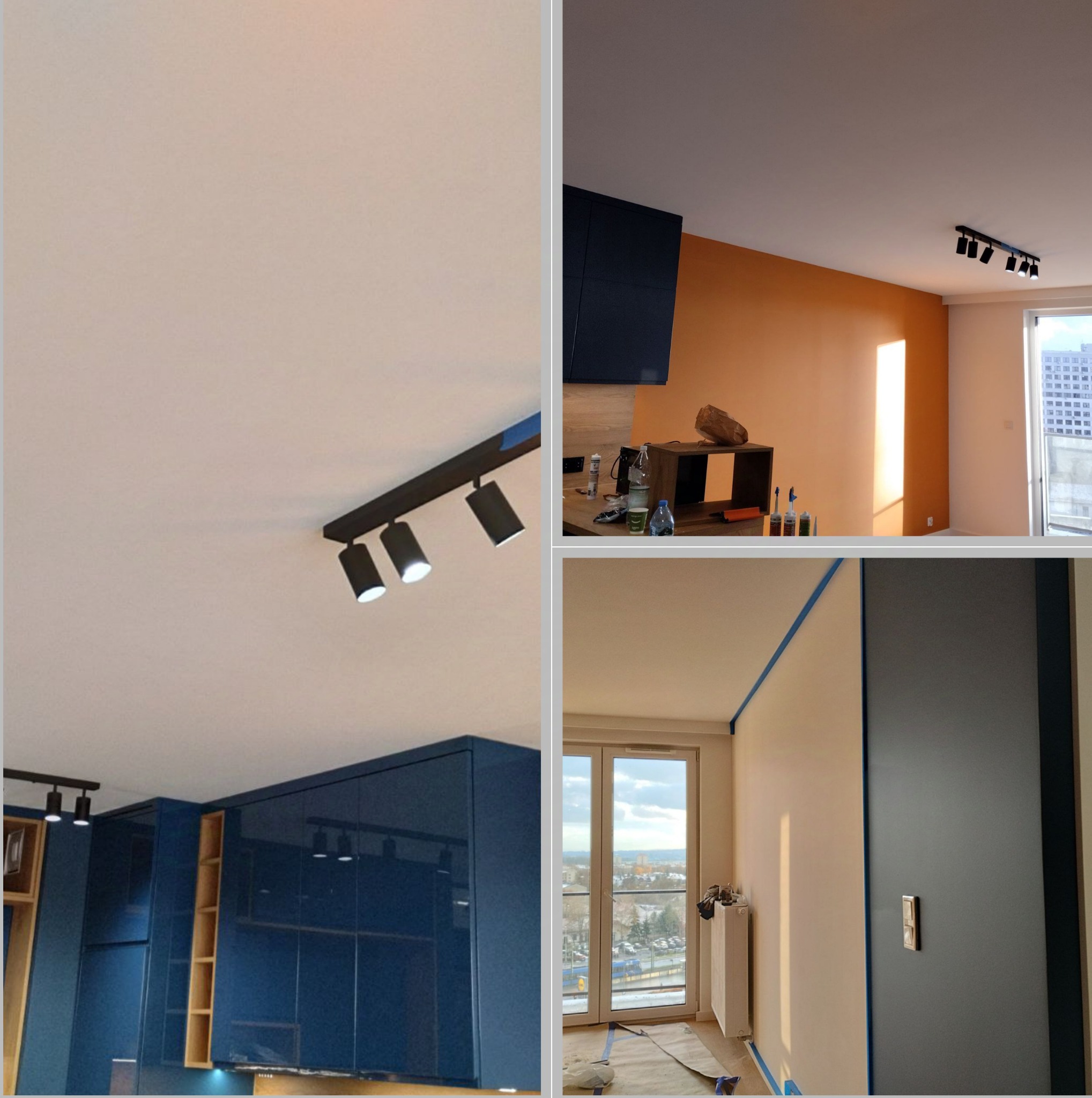 Kompozycja trzech ujęć wnętrza mieszkania: pomalowany sufit z reflektorami, pomarańczowa ściana z elementami wyposażenia oraz ściana przygotowana do malowania z taśmą malarską i widokiem na miasto...