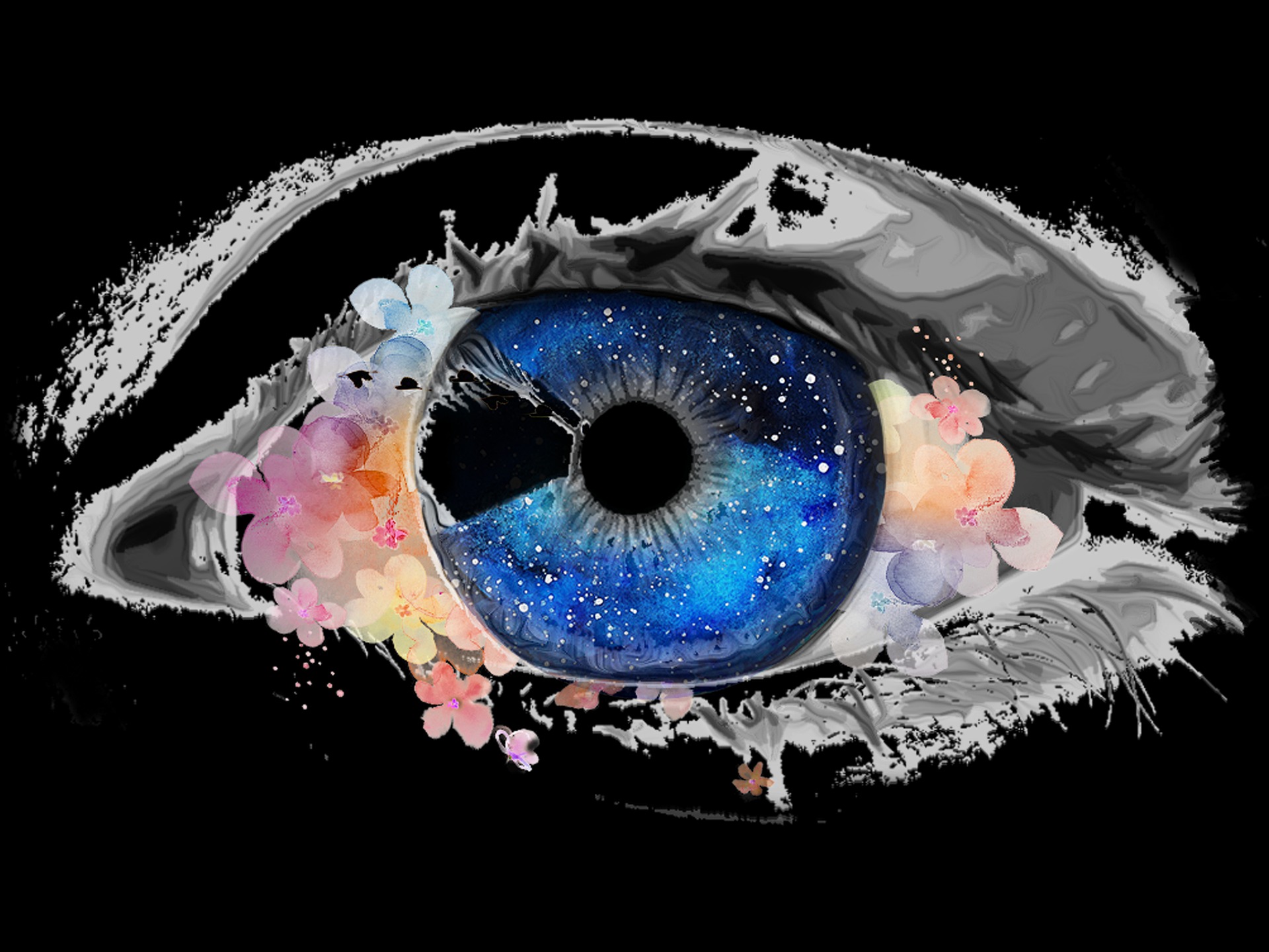 Grafika przedstawia oko w odcieniach szarości, którego tęczówka ma kolor ciemnego błękitu z białymi plamkami przypominającymi gwiazdy; wokół oka rozmieszczone są delikatne, pastelowe kwiaty...