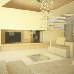 Jasne wnętrze salonu z nowoczesnym kominkiem, szklanymi schodami, designerskim żyrandolem i sofą w odcieniach beżu, oświetlone dużym oknem.