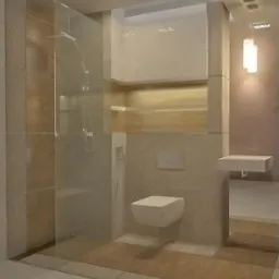 Nowoczesna łazienka z przeszkloną kabiną prysznicową typu walk-in, podwieszaną toaletą i minimalistyczną umywalką na tle beżowych płytek i drewnianych akcentów oświetlona wiszącą lampą.