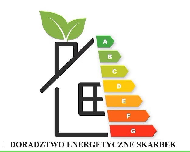 Grafika przedstawiająca schematyczny dom z zielonymi liśćmi na kominie, obok którego znajduje się skala efektywności energetycznej od A do G. Na dole widnieje napis 'DORADZTWO ENERGETYCZNE SKARBEK'.