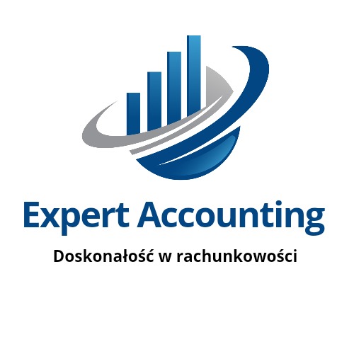 Logo firmy Expert Accounting z niebieskim wykresem słupkowym otoczonym szarymi orbitami, pod spodem napis 'Doskonałość w rachunkowości'.