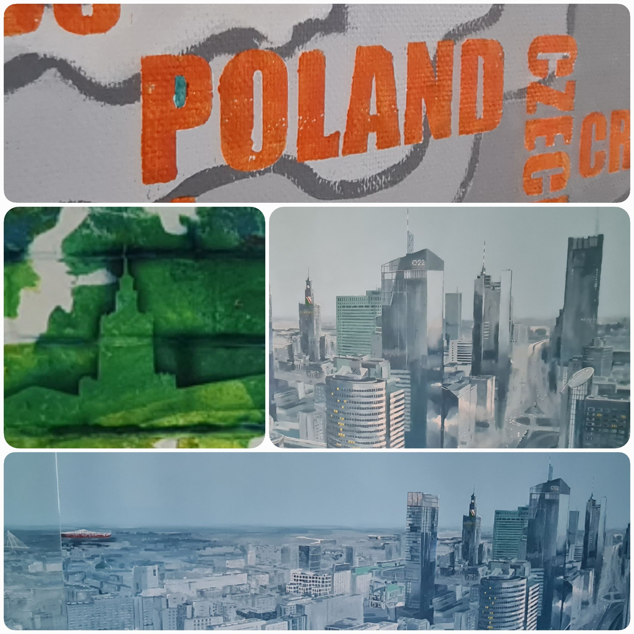 Kolaż malarski: napis 'Poland' w pomarańczu, zielony zarys Pałacu Kultury i Nauki, szaro-błękitna panorama Warszawy z wieżowcami. Artystyczny wyraz.