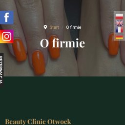 Migan sp. zoo - Strona internetowa salonu kosmetycznego Beauty Clinic z pomarańczowymi paznokciami w tle, menu, logo, ikony mediów społecznościowych i informacją 'O firmie'.