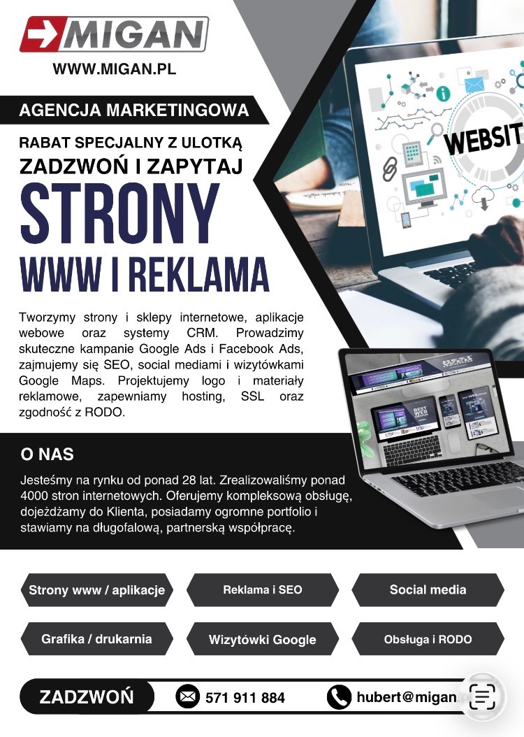 Agencja marketingowa Migan: strony WWW i reklama. Oferta tworzenia stron, sklepów, aplikacji, kampanii Google Ads, SEO, social media, logo i materiałów reklamowych. Kontakt: 571 911 884.