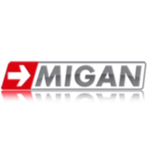 Logo firmy Migan z czerwoną strzałką w lewo i szarym napisem na białym tle z odbiciem. Minimalistyczny design.