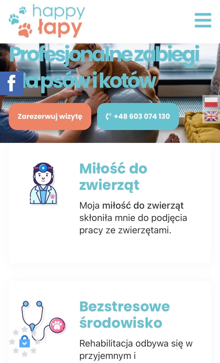 Strona internetowa firmy Happy Łapy z psem Shiba Inu na piłce rehabilitacyjnej. Profesjonalne zabiegi dla psów i kotów. Przycisk rezerwacji wizyty i numer telefonu.