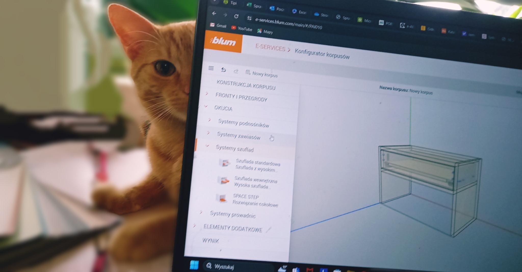 Kot rudy obserwuje projekt szafki w konfiguratorze Blum E-Services na ekranie laptopa, widoczne menu systemów szuflad i wizualizacja 3D korpusu.