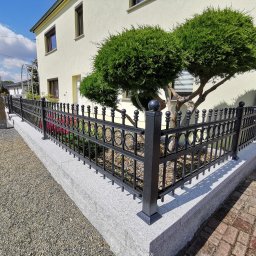 Baza-zaune - Czarny, metalowy płot z ozdobnymi okręgami, osadzony na niskim, kamiennym murku, otaczający posesję z zielonymi krzewami i żółtym domem w tle.