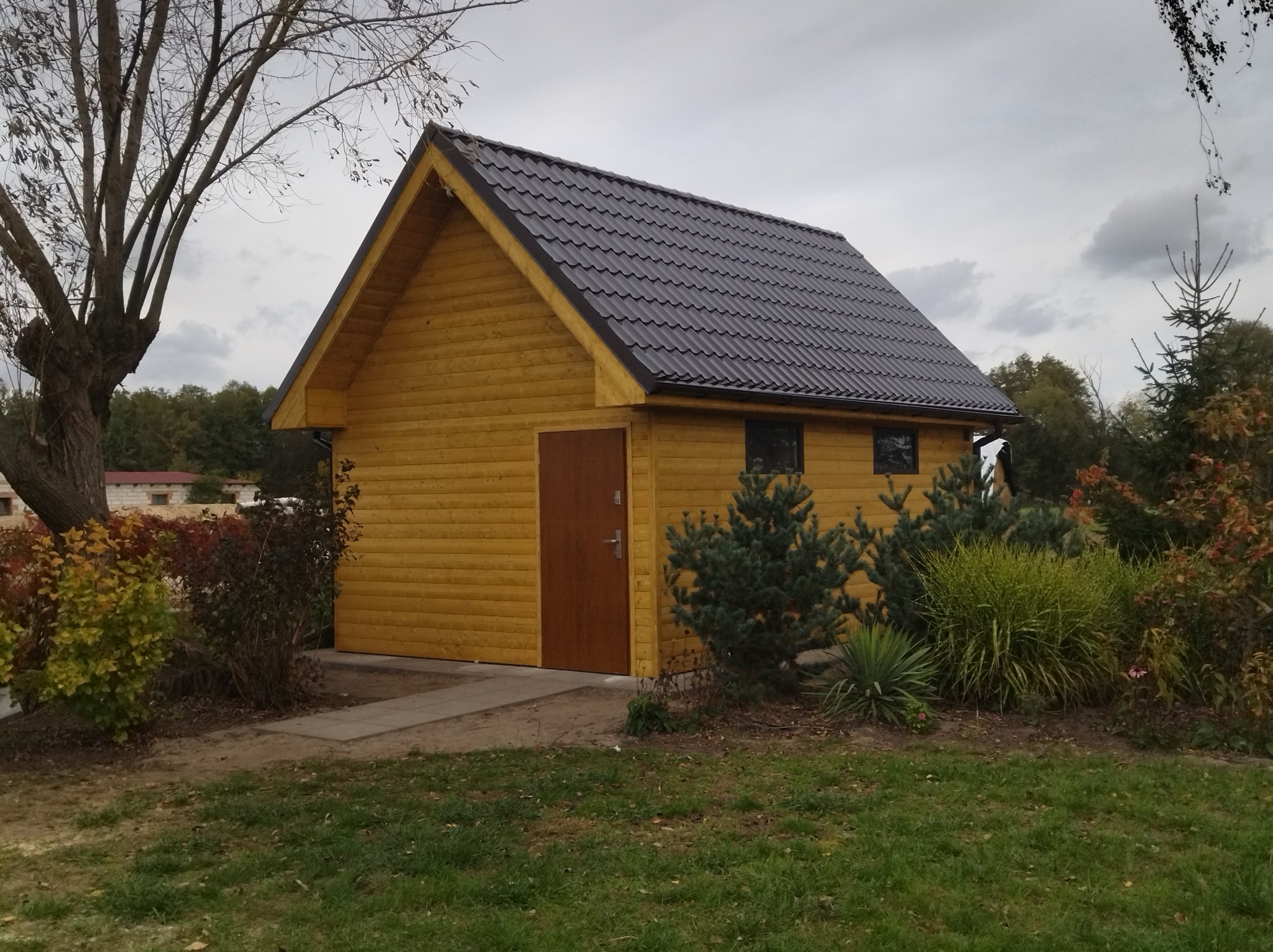 Żółty domek z drewnianych bali z ciemnobrązowym dachem, niewielkimi oknami i drzwiami, otoczony zielenią i drzewami w jesiennej scenerii.