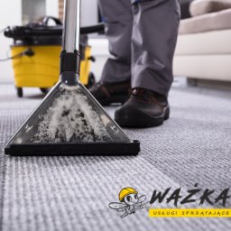 WAŻKA Usługi Sprzątające - Czyszczenie dywanu odkurzaczem piorącym, widoczna piana i urządzenie z żółtym zbiornikiem, logo firmy sprzątającej w prawym dolnym rogu.