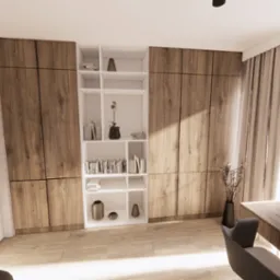 Nowoczesny gabinet z drewnianą zabudową, białym regałem i biurkiem przy oknie. Minimalistyczny wystrój z akcentami roślinnymi i stonowaną kolorystyką.