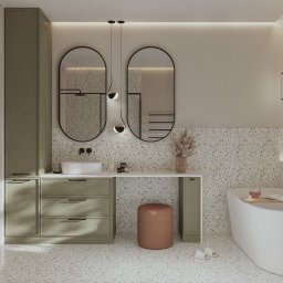 Prosvero Studio Aranżacji Wnętrz - Nowoczesna łazienka z szafkami w odcieniach zieleni, okrągłymi lustrami i mozaiką. Uwagę przykuwają minimalistyczne lampy i dekoracyjny stołek.