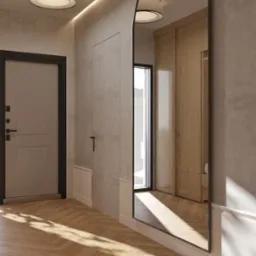 Nowoczesny przedpokój z lustrem w czarnej ramie, drewnianą podłogą w jodełkę i minimalistycznym oświetleniem sufitowym. Widoczne drzwi wejściowe i szafa wnękowa.