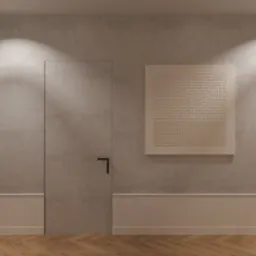 Minimalistyczne wnętrze: ukryte drzwi z czarną klamką, abstrakcyjny obraz na ścianie o fakturze betonu, parkiet w jodełkę. Subtelne oświetlenie punktowe.
