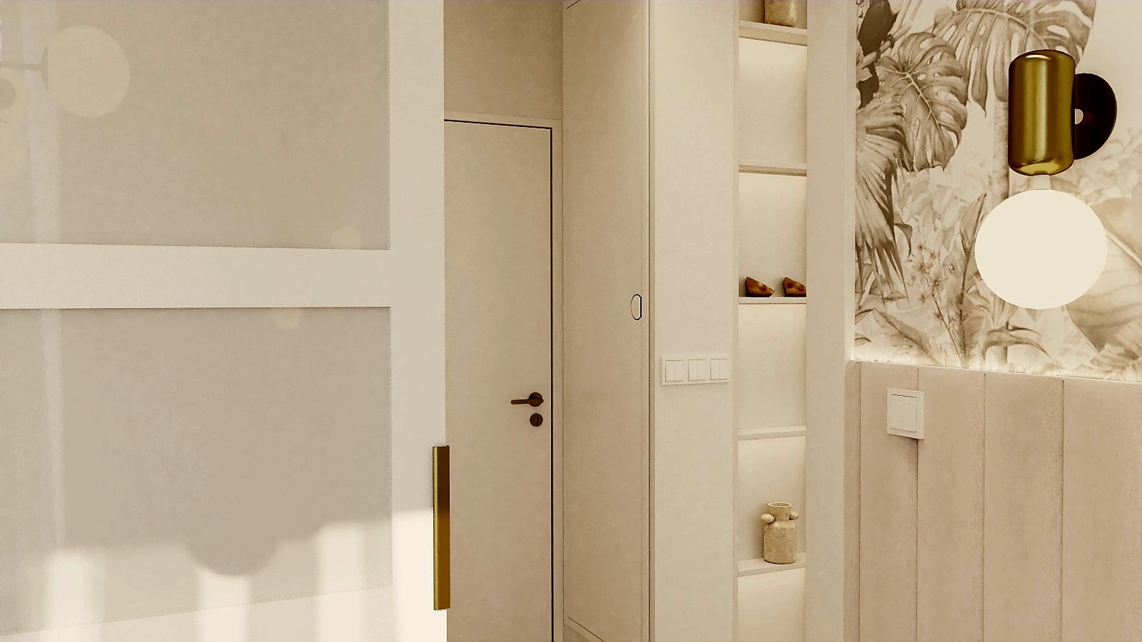 Jasne wnętrze: drzwi z złotym uchwytem, półki z dekoracjami, lampa ścienna z motywem roślinnym i panel ścienny. Subtelna elegancja w detalu.