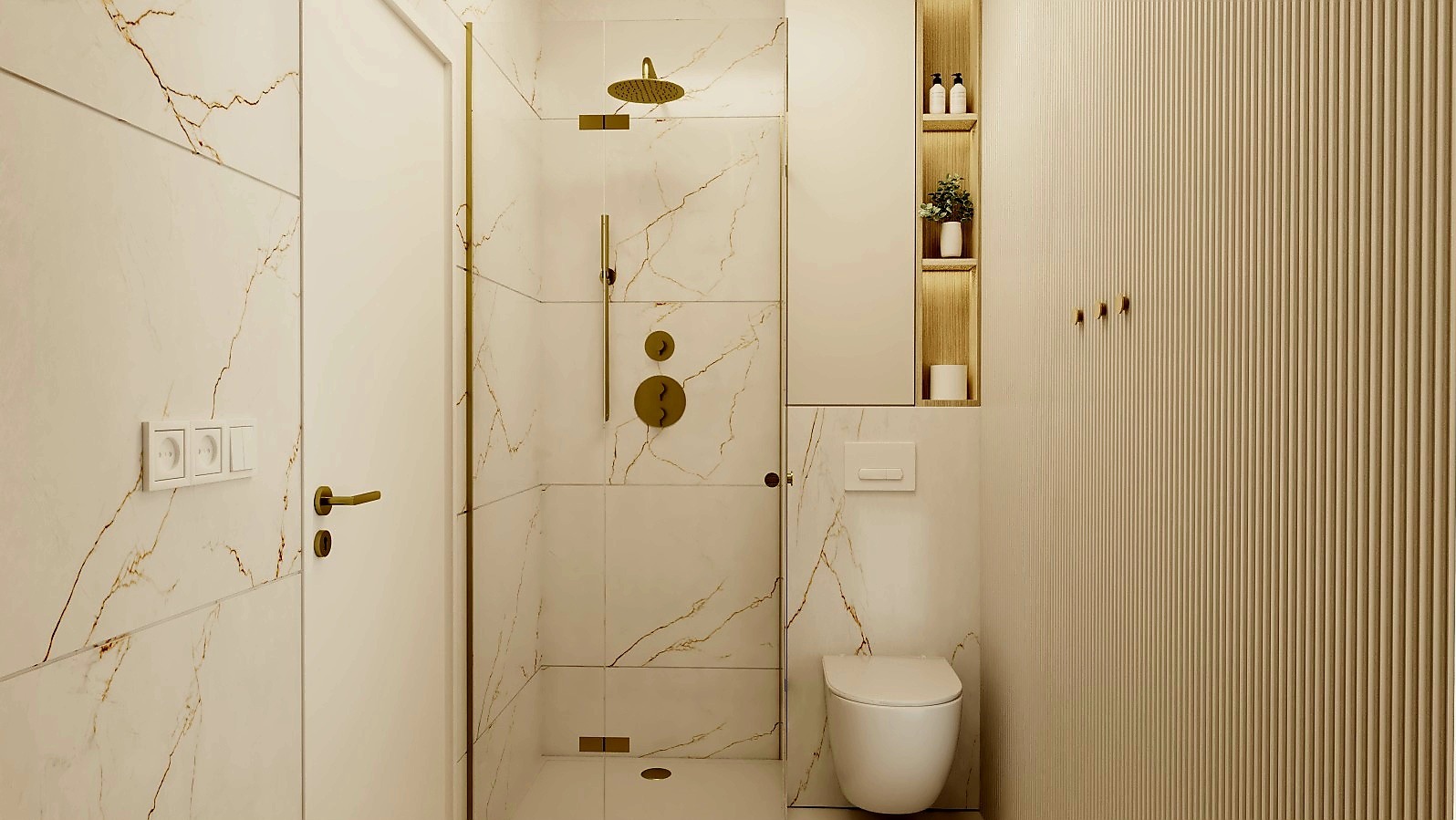 Elegancka łazienka z kabiną prysznicową typu walk-in, wykończona białym marmurem z złotymi żyłami i złotą armaturą. Minimalistyczny design, oświetlenie punktowe.