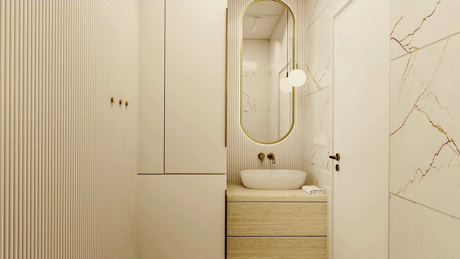 Nowoczesna łazienka w beżach: owalne lustro z podświetleniem, umywalka nablatowa, drewniana szafka, ryflowane ściany i marmurowe płytki. Minimalistyczny design.
