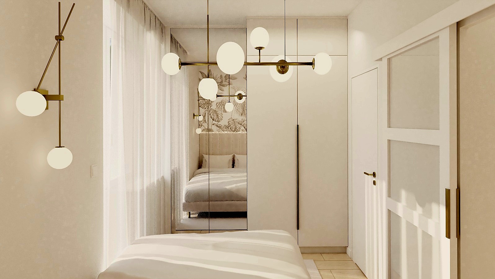 Nowoczesna sypialnia z lustrem powiększającym przestrzeń, designerskie lampy kuliste i minimalistyczna szafa w zabudowie. Całość utrzymana w jasnej tonacji.