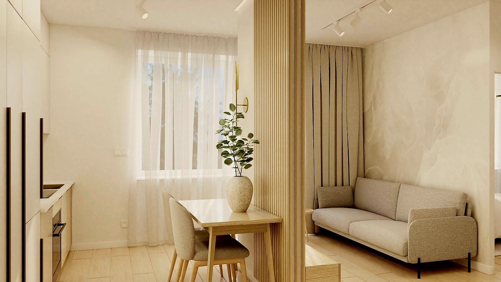 Jasne wnętrze: stół z krzesłami, roślina w wazonie, sofa i dekoracyjna ścianka działowa z drewnianych listew. Subtelne oświetlenie i minimalistyczny design.