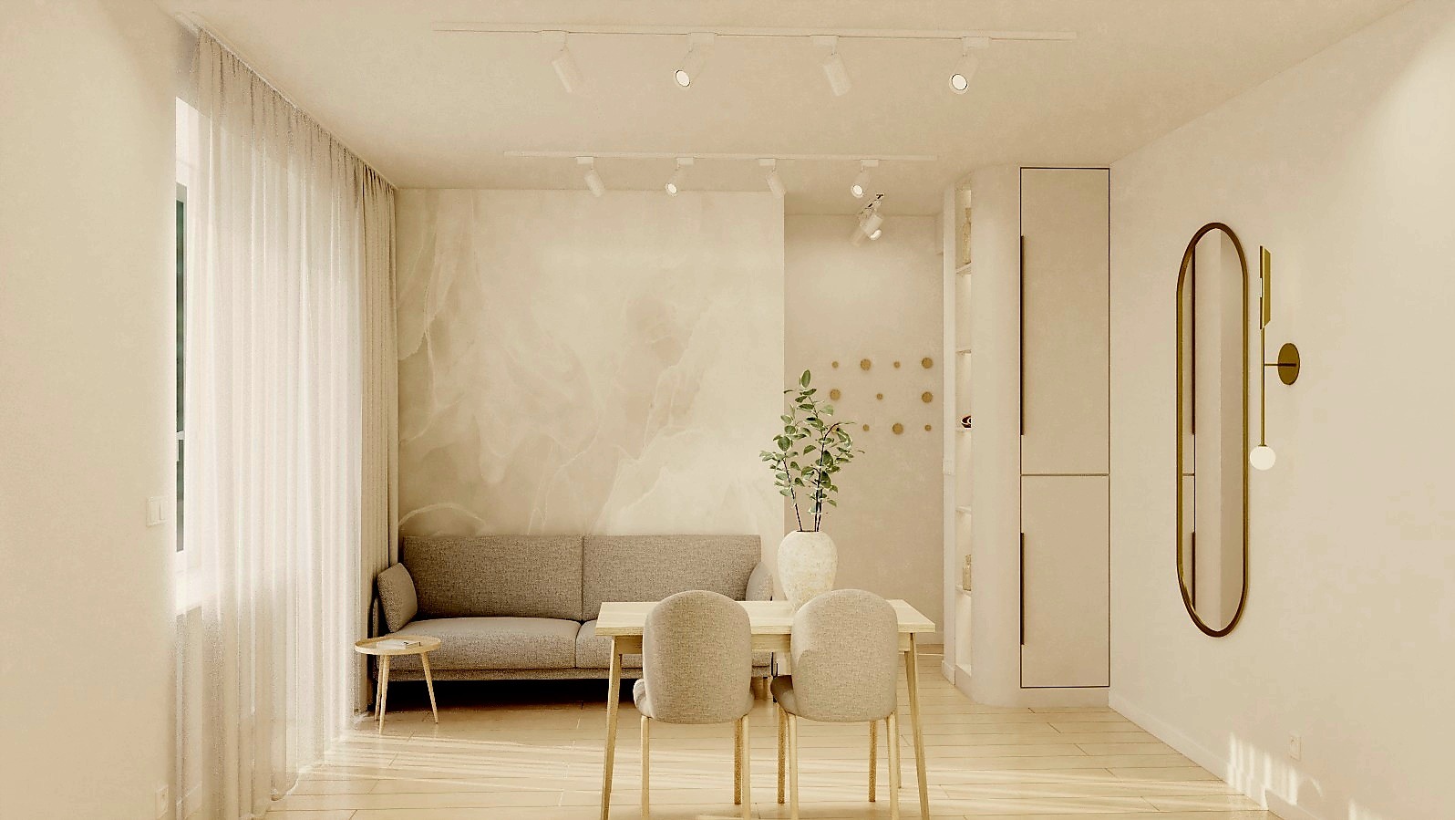 Jasne wnętrze: sofa, stół z krzesłami, dekoracyjna ściana i oświetlenie punktowe. Minimalistyczny design z akcentami złota w lustrze i kinkiecie.