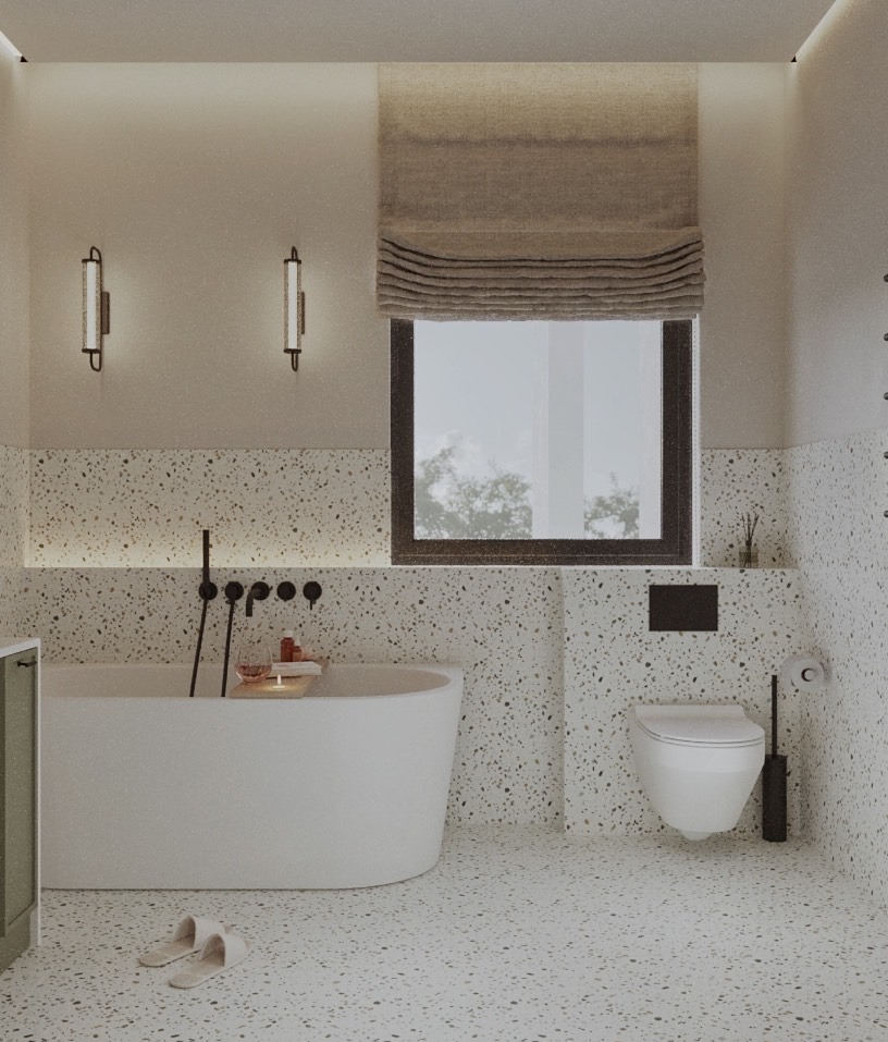 Jasna łazienka z wanną wolnostojącą, mozaiką lastryko na ścianach i podłodze. Okno z roletą rzymską i minimalistyczne oświetlenie.