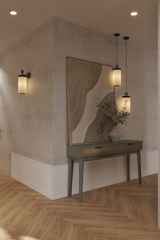 Stylowy hol z konsolą, abstrakcyjnym obrazem i wiszącymi lampami. Parkiet ułożony w jodełkę. Oświetlenie punktowe i kinkiet dodają ciepła wnętrzu.