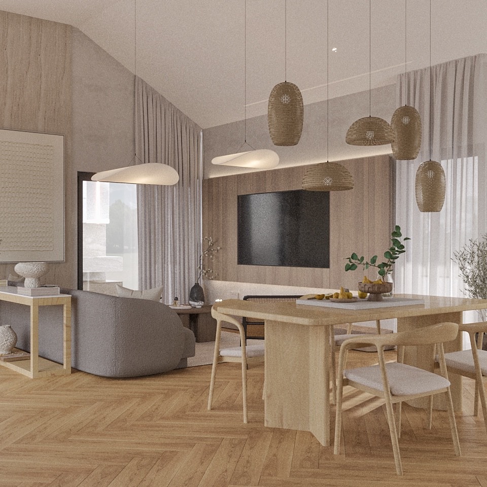 Jasne wnętrze: salon z jadalnią. Drewniany stół, krzesła, sofa, telewizor na ścianie. Wiszące lampy z naturalnych materiałów. Parkiet w jodełkę. Neutralna kolorystyka.