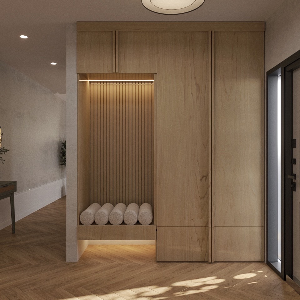 Nowoczesna zabudowa z drewna z wnęką i podświetleniem LED. W tle parkiet w jodełkę, minimalistyczny przedpokój i drzwi wejściowe. Element wystroju wnętrza.