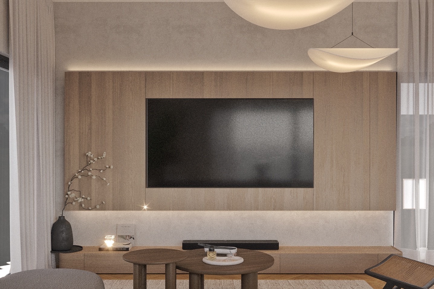 Minimalistyczny salon z drewnianą ścianą TV, subtelnym oświetleniem LED i okrągłymi stolikami kawowymi. Delikatne zasłony wpuszczają światło.