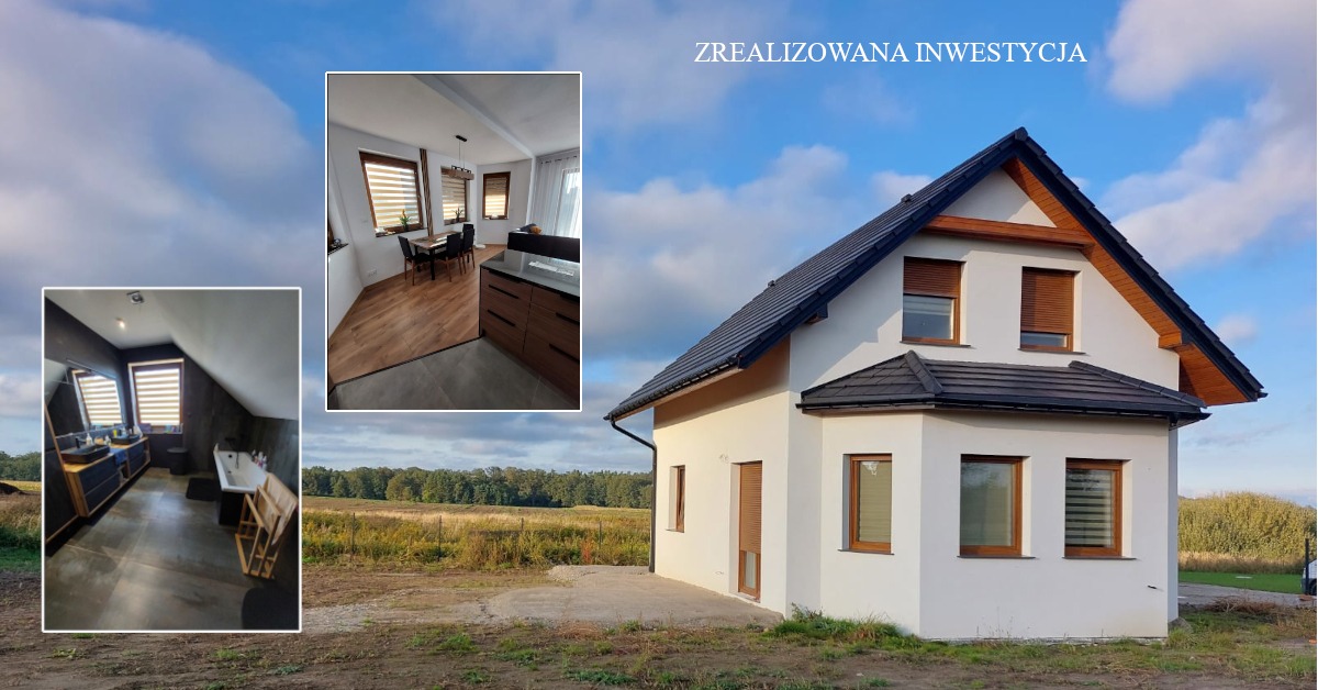 Zrealizowana inwestycja: Nowoczesny dom z białymi ścianami, ciemną dachówką i brązowymi roletami zewnętrznymi, z widokiem na wnętrza łazienki i jadalni wstawionymi w kadr. W oddali widoczne zielone...