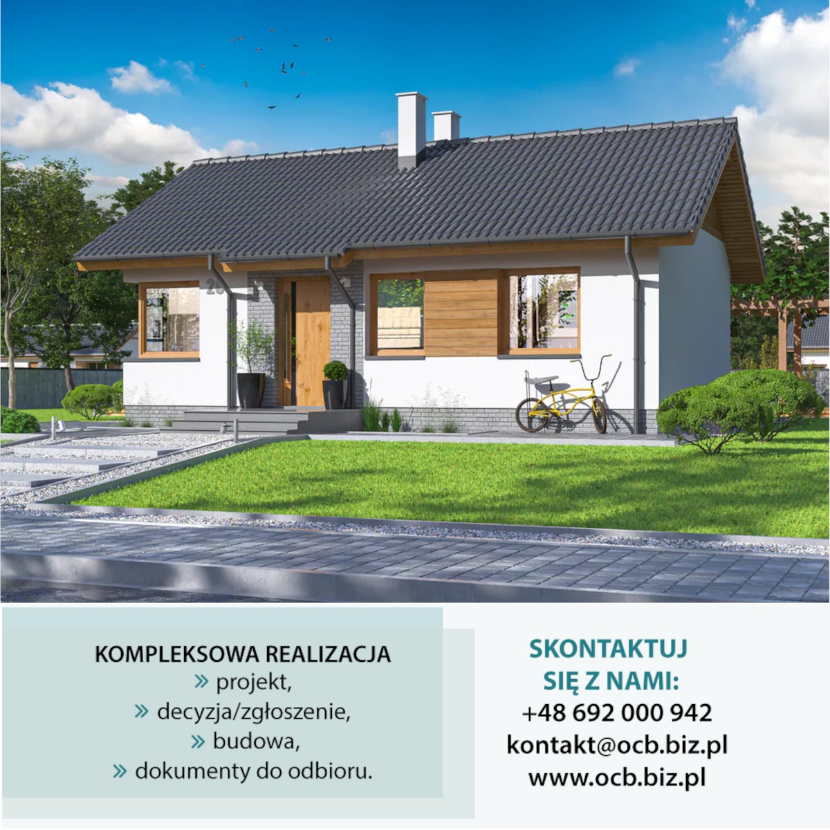 Wizualizacja parterowego domu z szarą dachówką, białymi ścianami i drewnianymi akcentami, z żółtym rowerem zaparkowanym obok na trawniku.