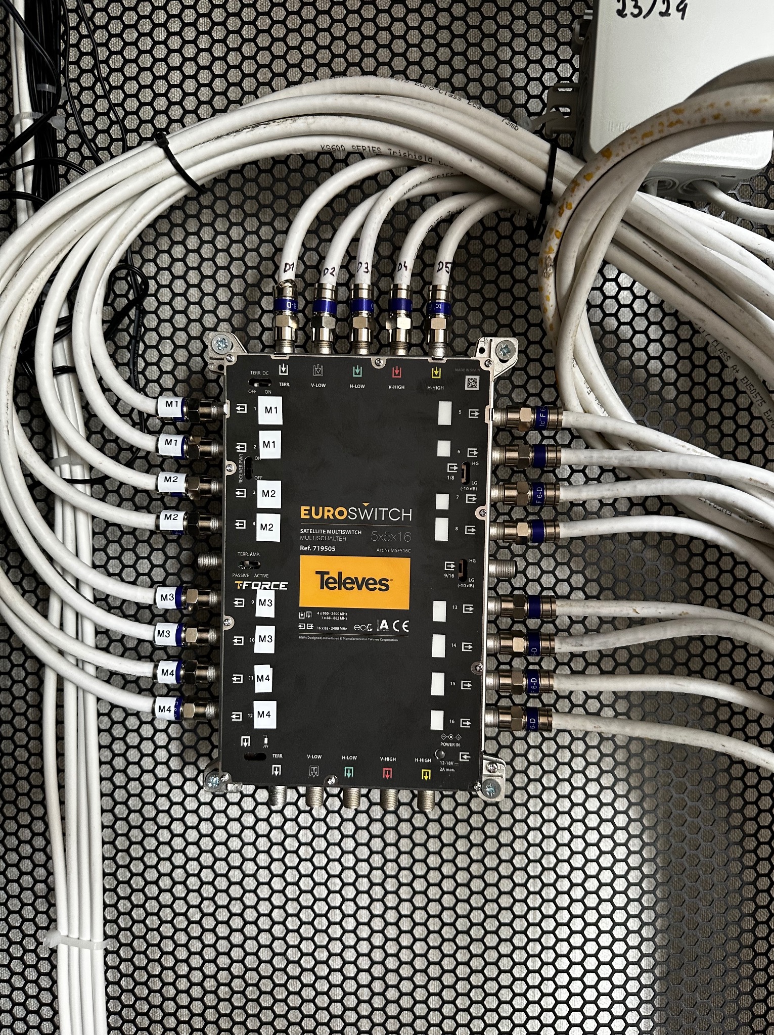 Multiswitch Televes Euroswitch z podłączonymi kablami koncentrycznymi, zamontowany na perforowanej płycie. Widoczne oznaczenia portów M1-M4 i D1-D5.