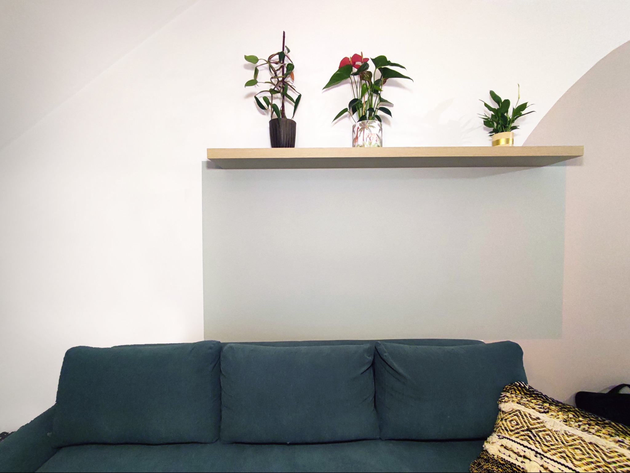 Minimalistyczny salon z szarą ścianą, drewnianą półką z trzema doniczkami z roślinami i turkusową sofą z ozdobną poduszką.