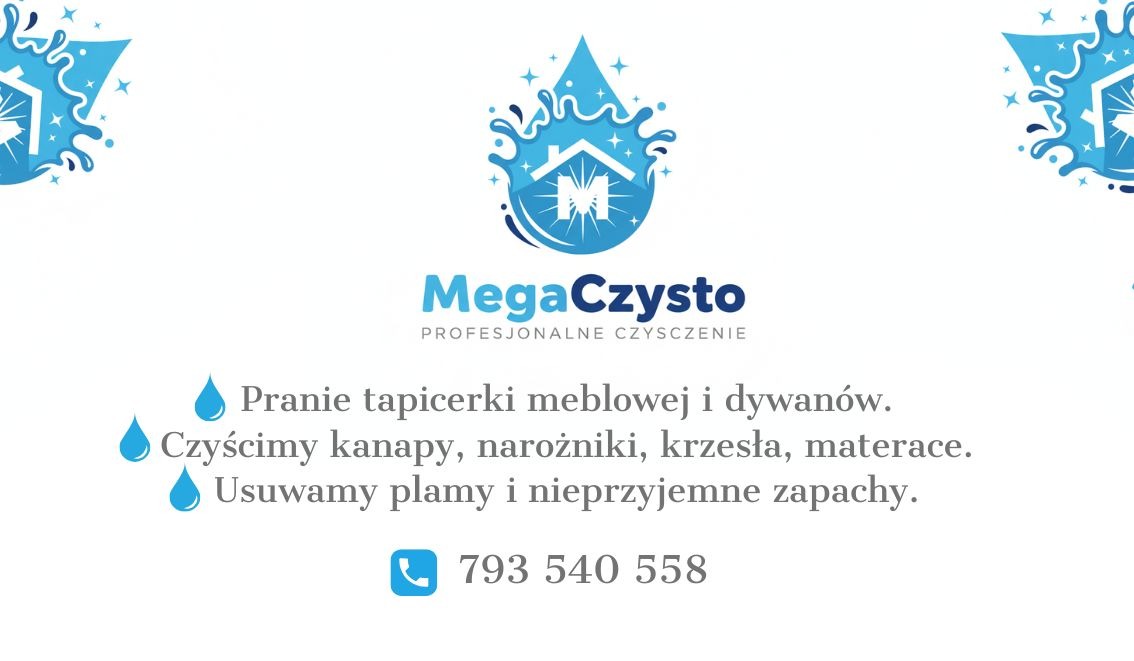 Logo firmy MegaCzysto z hasłem 'Profesjonalne czyszczenie'. Oferta: pranie tapicerki meblowej i dywanów, czyszczenie kanap, usuwanie plam. Kontakt telefoniczny.