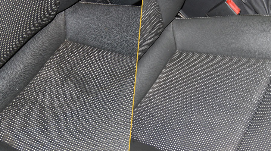 Tapicerka samochodowa przed i po czyszczeniu: po lewej widoczne zabrudzenia, po prawej czysta, odświeżona powierzchnia. Efekt prania tapicerki.