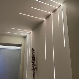 MASTERBUD MAKSYM ROZUMNIAK - Minimalistyczne oświetlenie LED wzdłuż krawędzi ścian i sufitu, tworzące geometryczny wzór, z dekoracyjną gałązką w wazonie na tle wejścia.