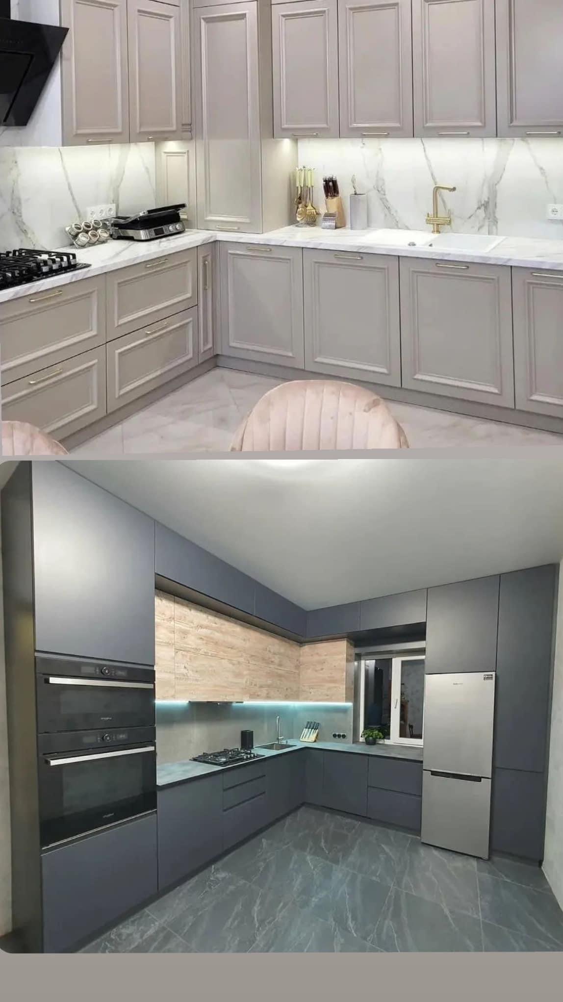 Dwa ujęcia nowoczesnych kuchni: u góry jasna kuchnia z marmurowym backsplashiem i złotą armaturą, na dole ciemnoszara kuchnia z drewnianymi akcentami i marmurową podłogą.